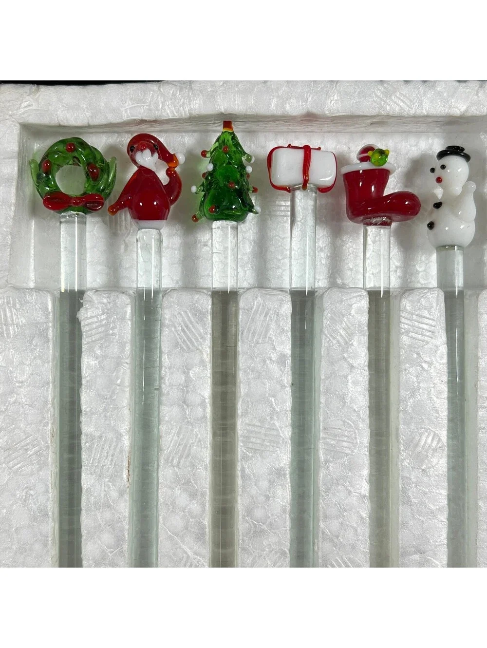 Set of 6 Vintage Glass Christmas Cocktail Stir Sticks with Holiday Figurines